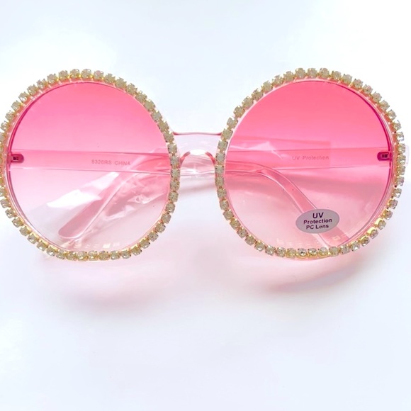 🔥BLING🆕PINK ROUND RHINESTONE SUNGLASSES - Picture 4 of 4